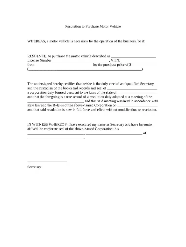 corporate resolution to purchase vehicle Preview on Page 1