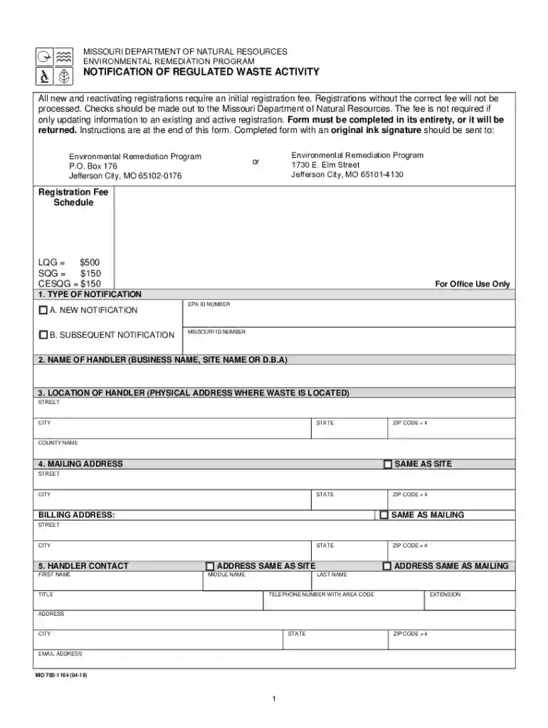 Notification of Regulated Waste Activity form (MO 780-1164) Preview on Page 1
