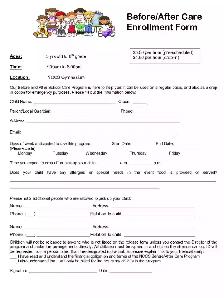Before After Care Enrollment Form Preview on Page 1