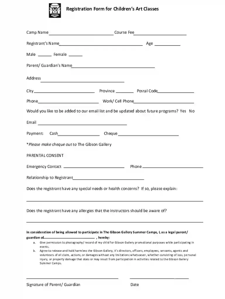 art class registration form template Preview on Page 1