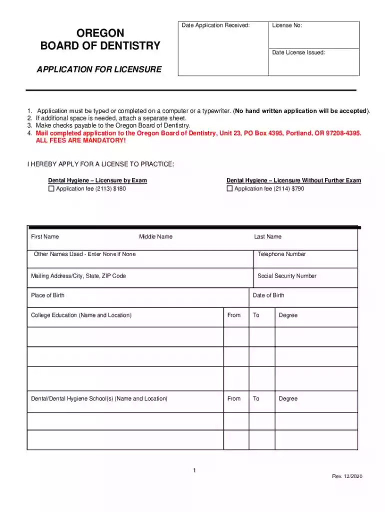 Initial Dental Hygienist Licensure Application - Ohio State Preview on Page 1