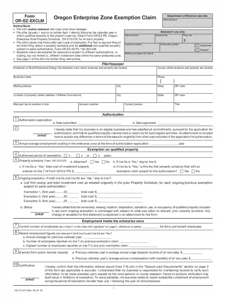 Form OR-EZ-EXCLM, Oregon Enterprise Zone Exemption Claim form ... Preview on Page 1
