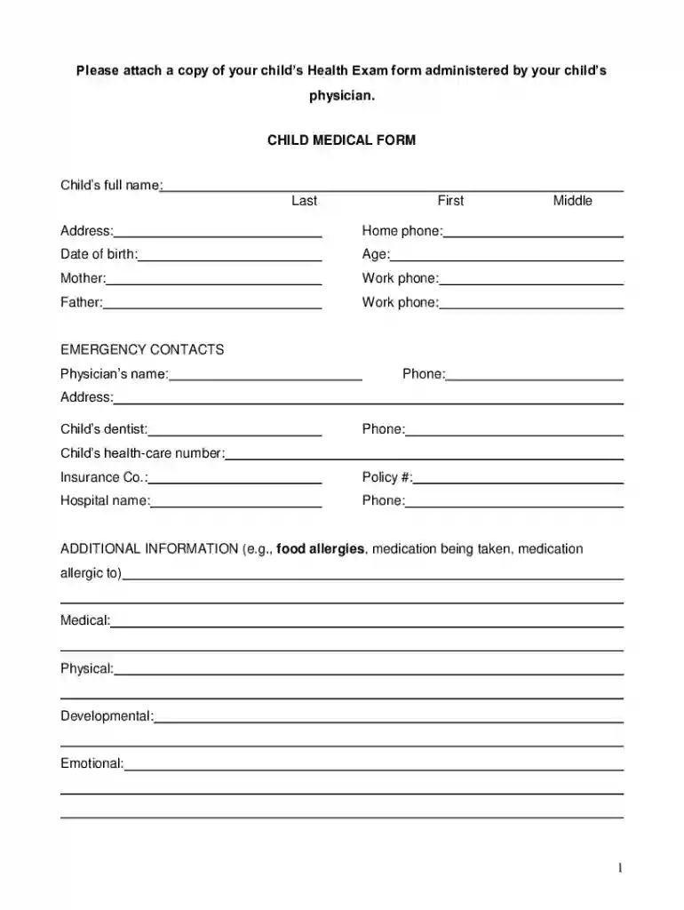 CHILD MEDICAL FORM DAYCARE Preview on Page 1