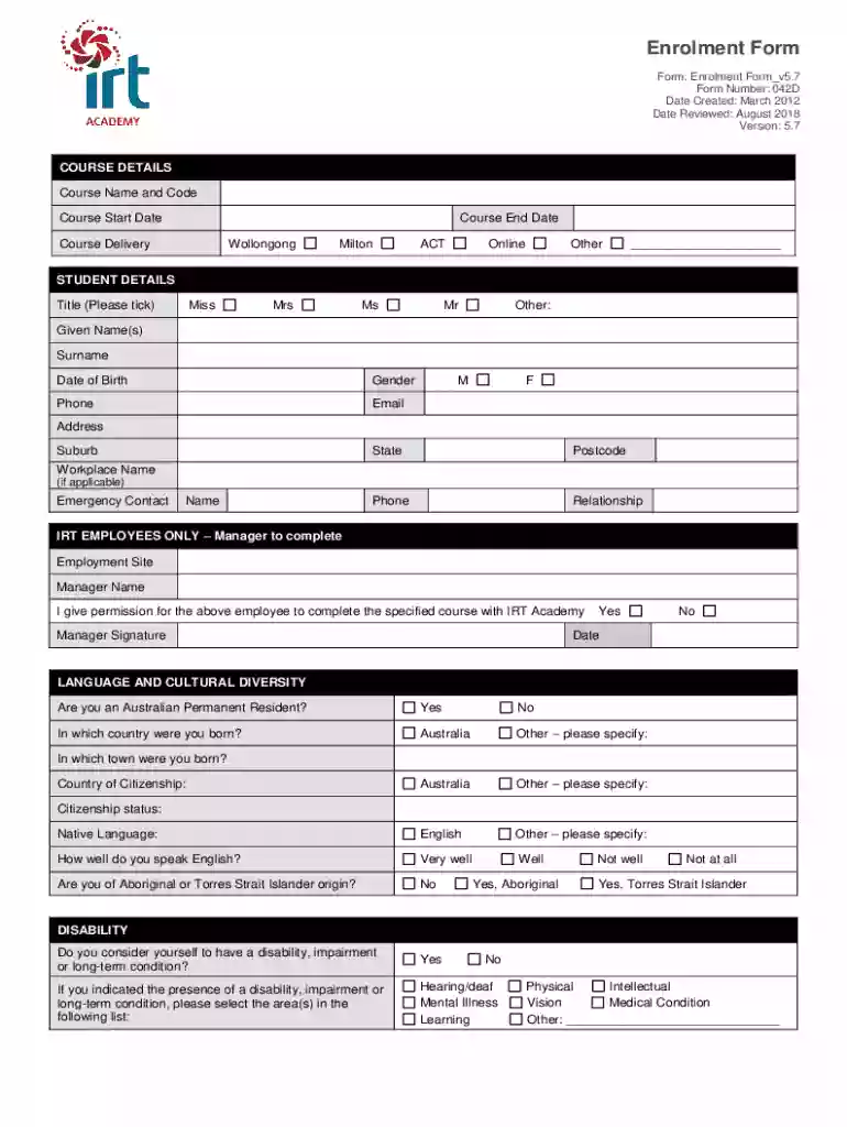 Enrolment Form - IRT Preview on Page 1