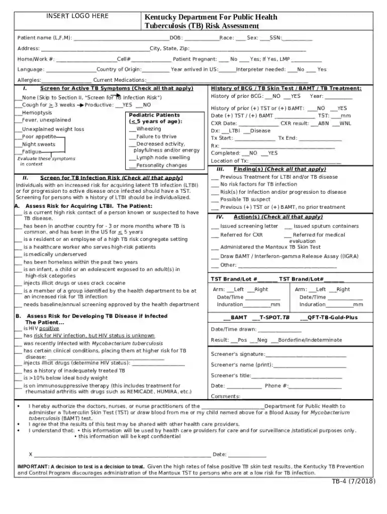 tb risk assessment form kentucky Preview on Page 1