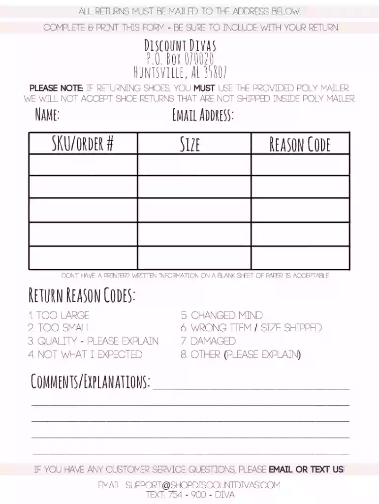 discount divas return form Preview on Page 1