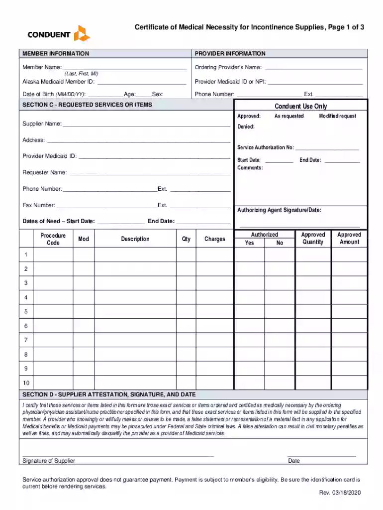 Certificate of Medical Necessity for Incontinence Supplies, Page 1 of 3 Preview on Page 1