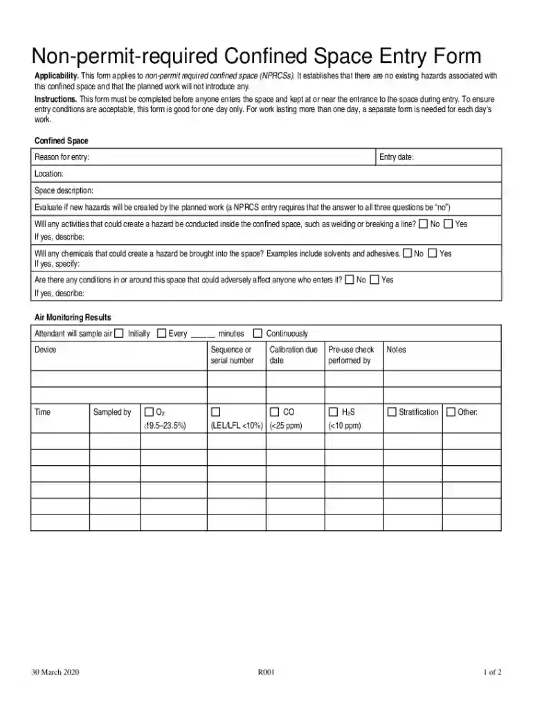 non permit confined space form Preview on Page 1