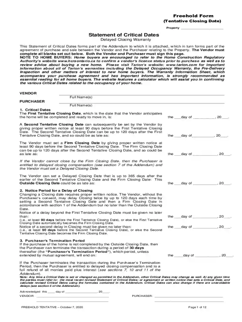 tarion freehold form Preview on Page 1