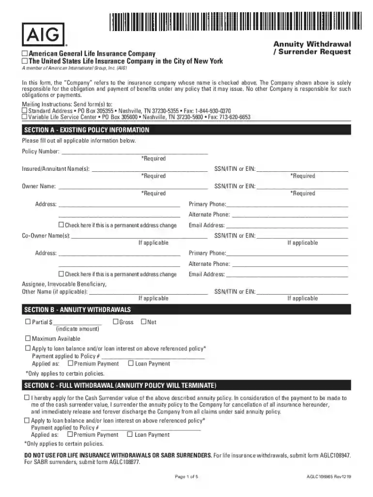 aig withdrawal form Preview on Page 1