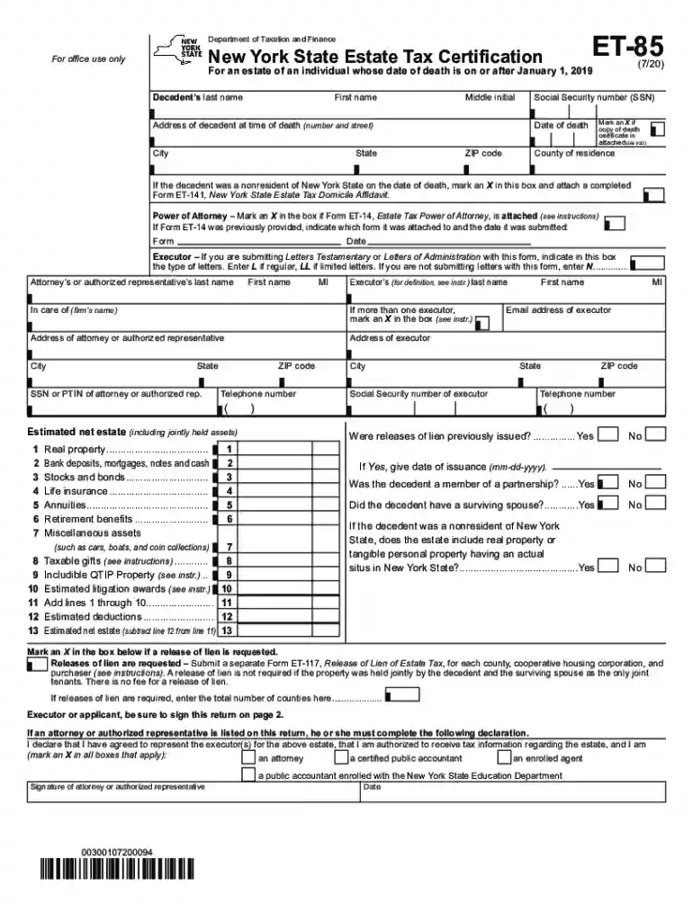new york state estate tax certification et 85 due date Preview on Page 1