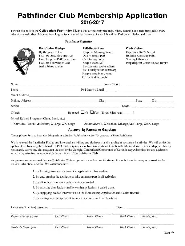 Pathfinder Club Membership Application - Nashville First Preview on Page 1
