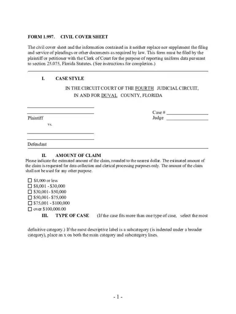 PDF FL FORM 1 997 CIVIL COVER SHEET - Duval County Clerk of Courts Preview on Page 1