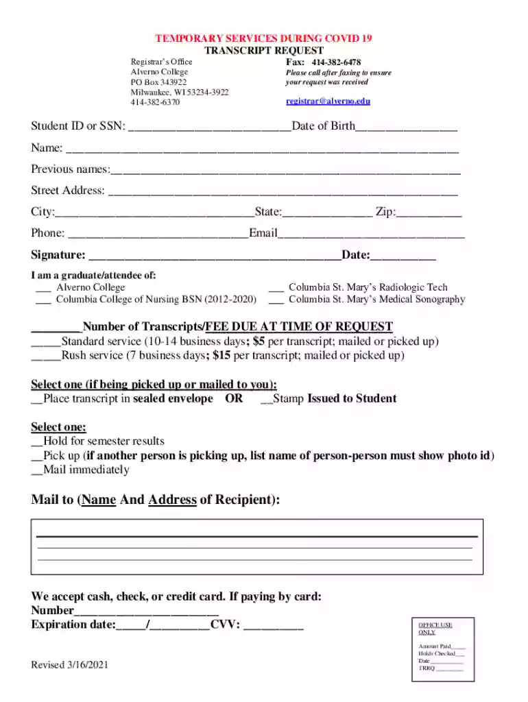 alverno transcript request form Preview on Page 1