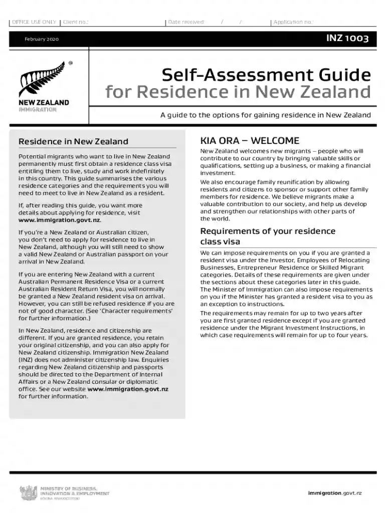 Self-Assessment Guide for Residence in New Zealand (1003) Preview on Page 1