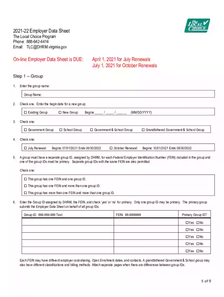 2021-22 Employer Data Sheet Preview on Page 1
