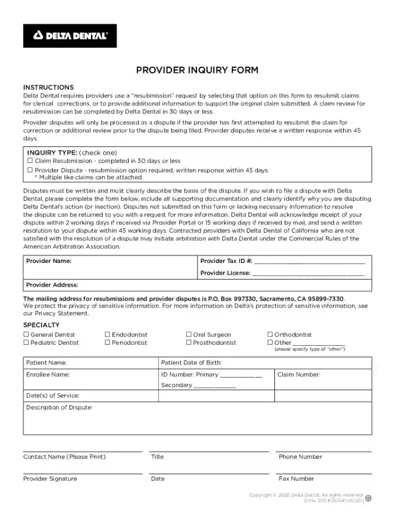 130941Provider Inquiry FormDelta 1213 Preview on Page 1