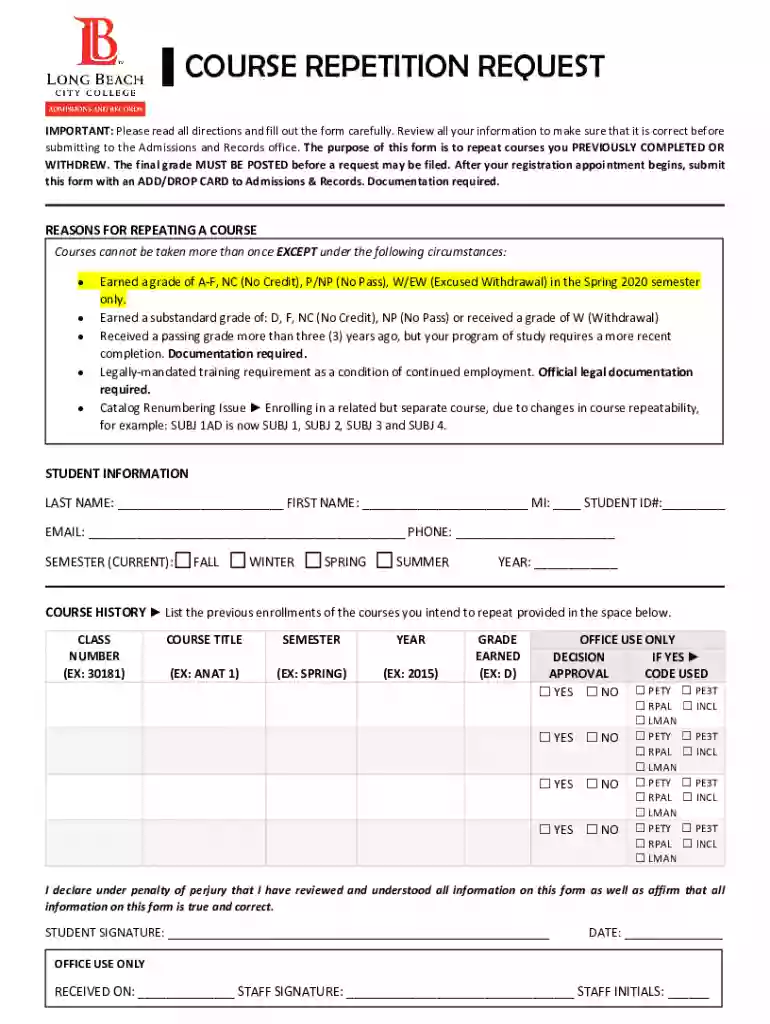 lbcc course repetition request Preview on Page 1