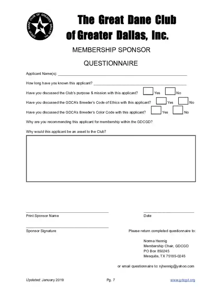 Sponsor Form - Great Dane Club of America Preview on Page 1
