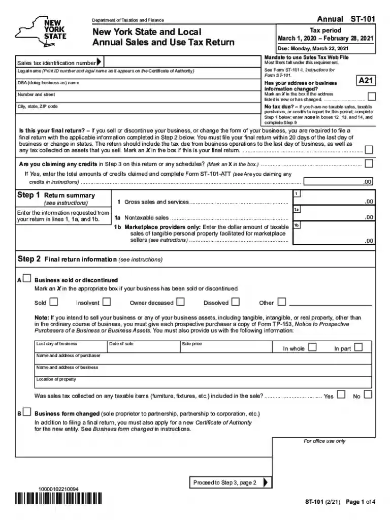 Form ST-101 New York State and Local Annual Sales and Use Tax Return Revised 2 21 Preview on Page 1
