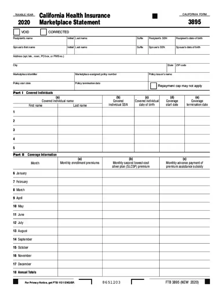 2020 Form 3895 California Health Insurance Marketplace Statement 2020 Form 3895 California Health In Preview on Page 1