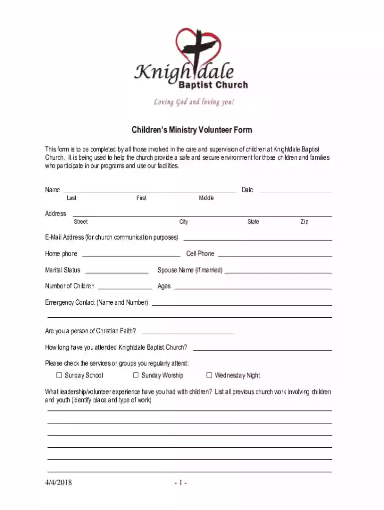 church volunteer form template Preview on Page 1
