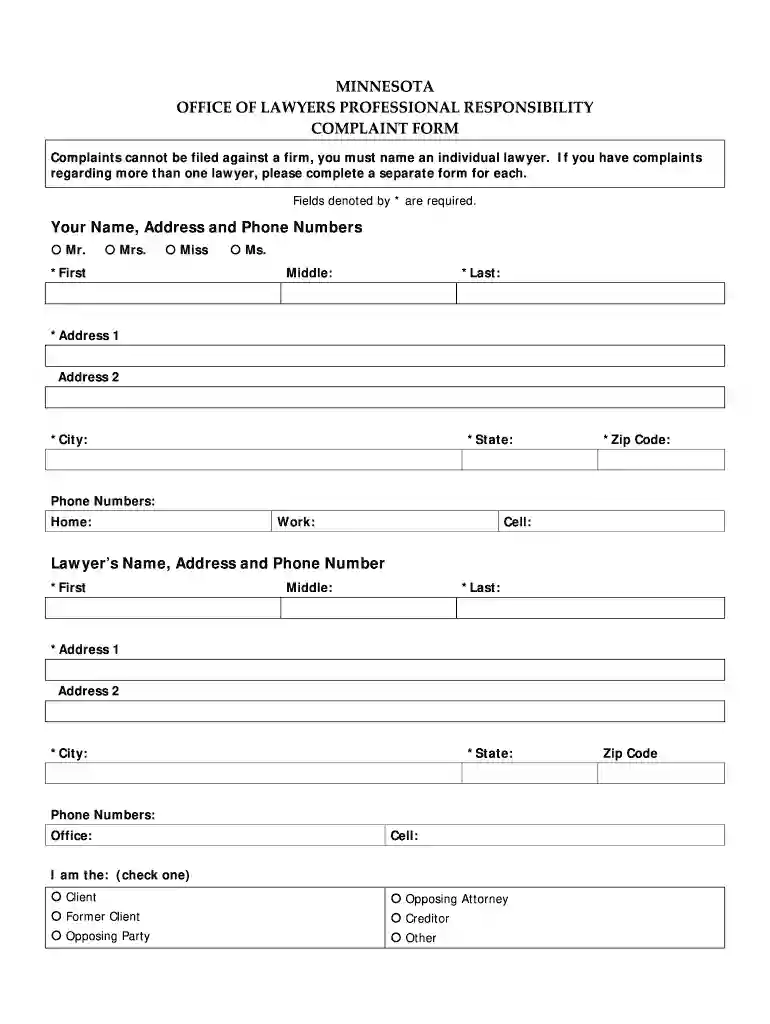 minnesota office of lawyers professional responsibility complaint form Preview on Page 1