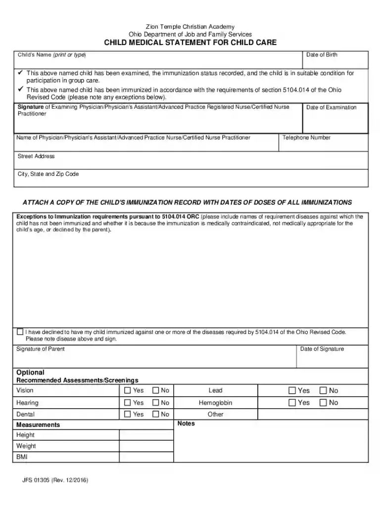 child medical statement for child care ohio Preview on Page 1