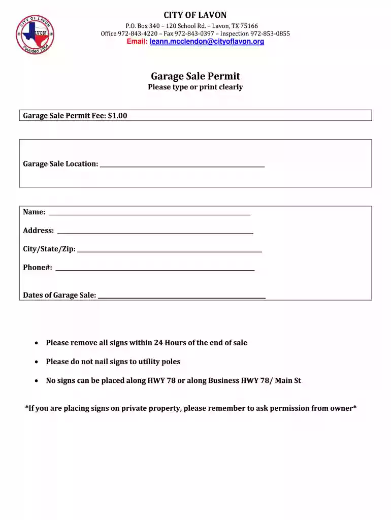 Garage Sale Permit Application.pdf - City of Lavon Preview on Page 1