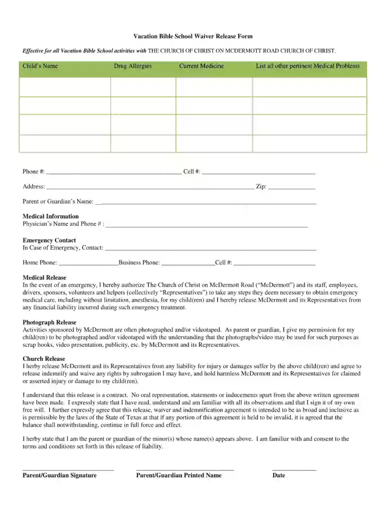 vacation bible school waiver form Preview on Page 1