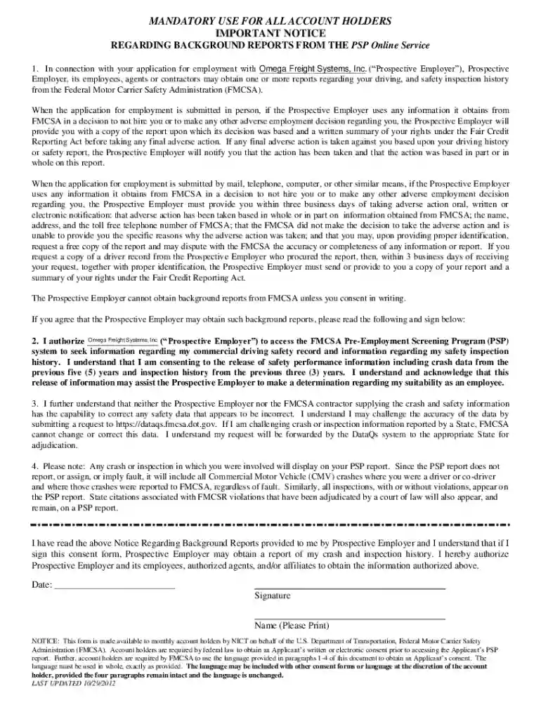 PSP Disclosure and Authorization FormPerformance Preview on Page 1