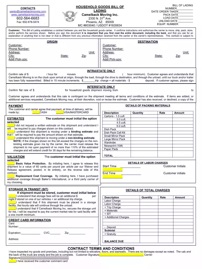 moving company bill of lading template Preview on Page 1