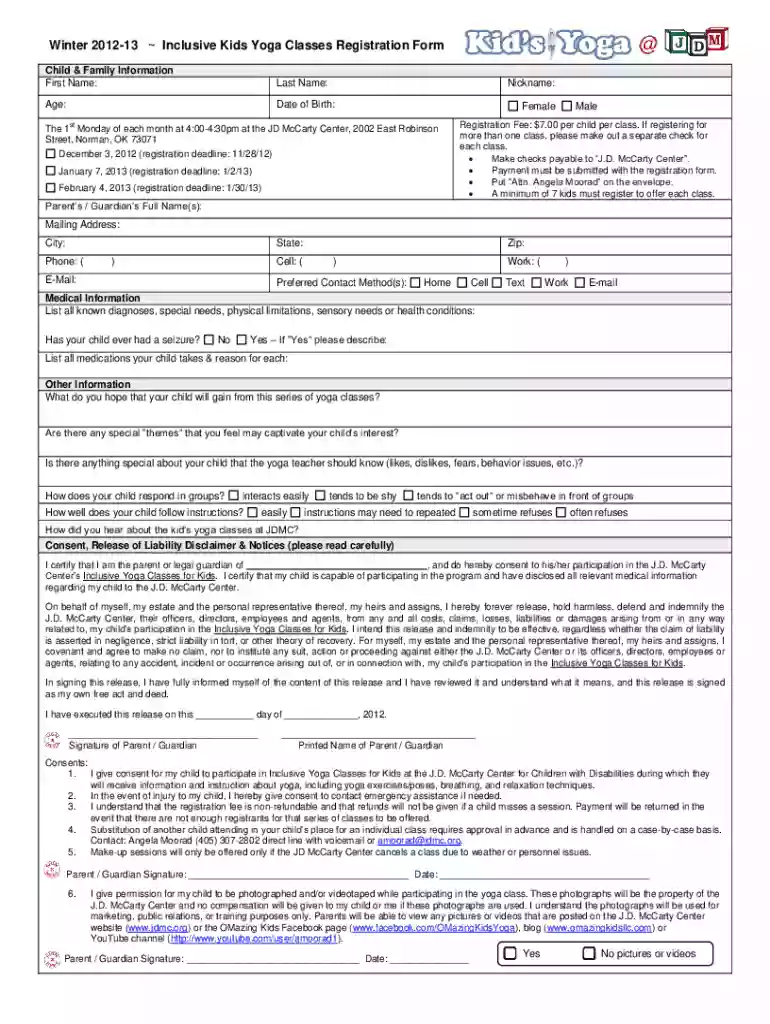 Outpatient Childrens Yoga Group Registration Form Preview on Page 1
