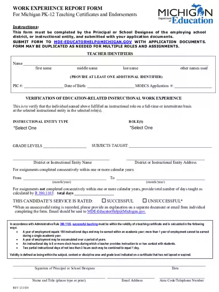 Michigan Work Experience Report Form for Michigan Pk-12 Preview on Page 1