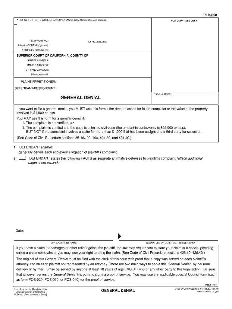 general denial form california Preview on Page 1