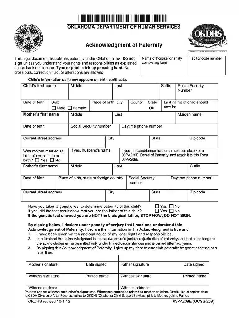 acknowledgement of paternity form oklahoma Preview on Page 1
