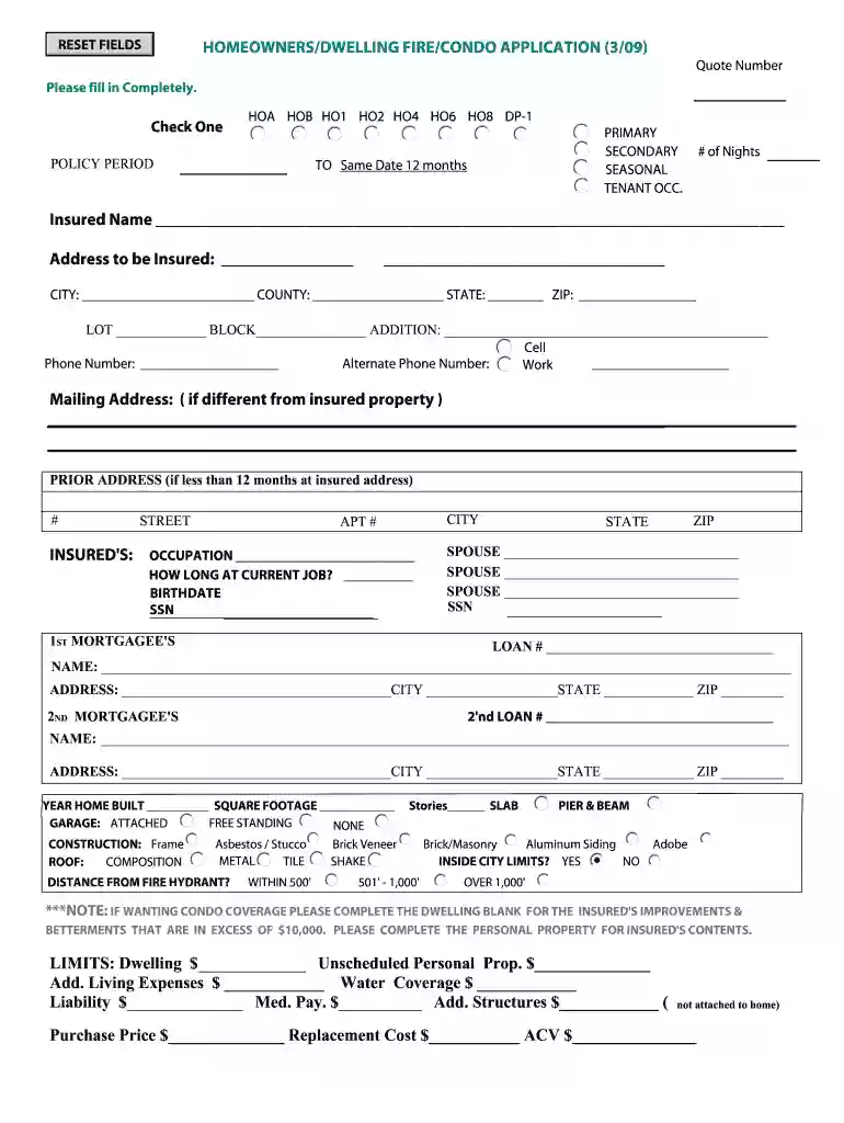 homeowners insurance application form Preview on Page 1