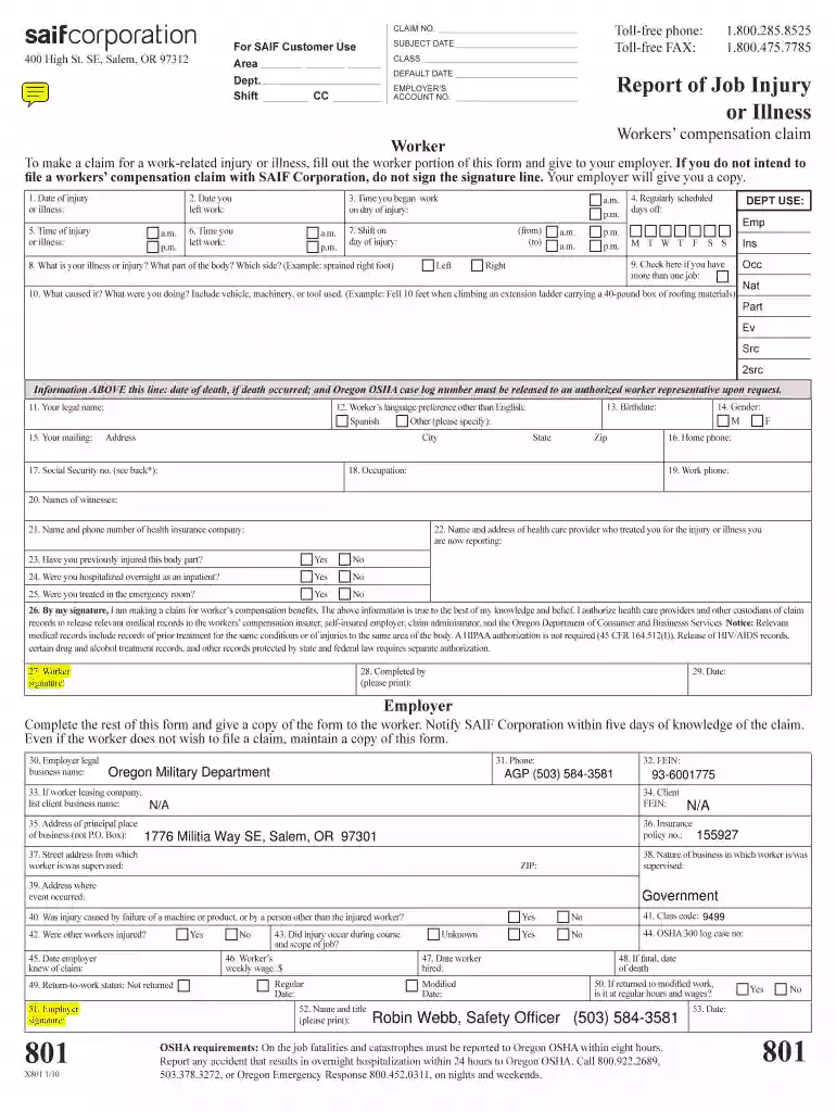 Saif 801 fillable form 2010 Preview on Page 1
