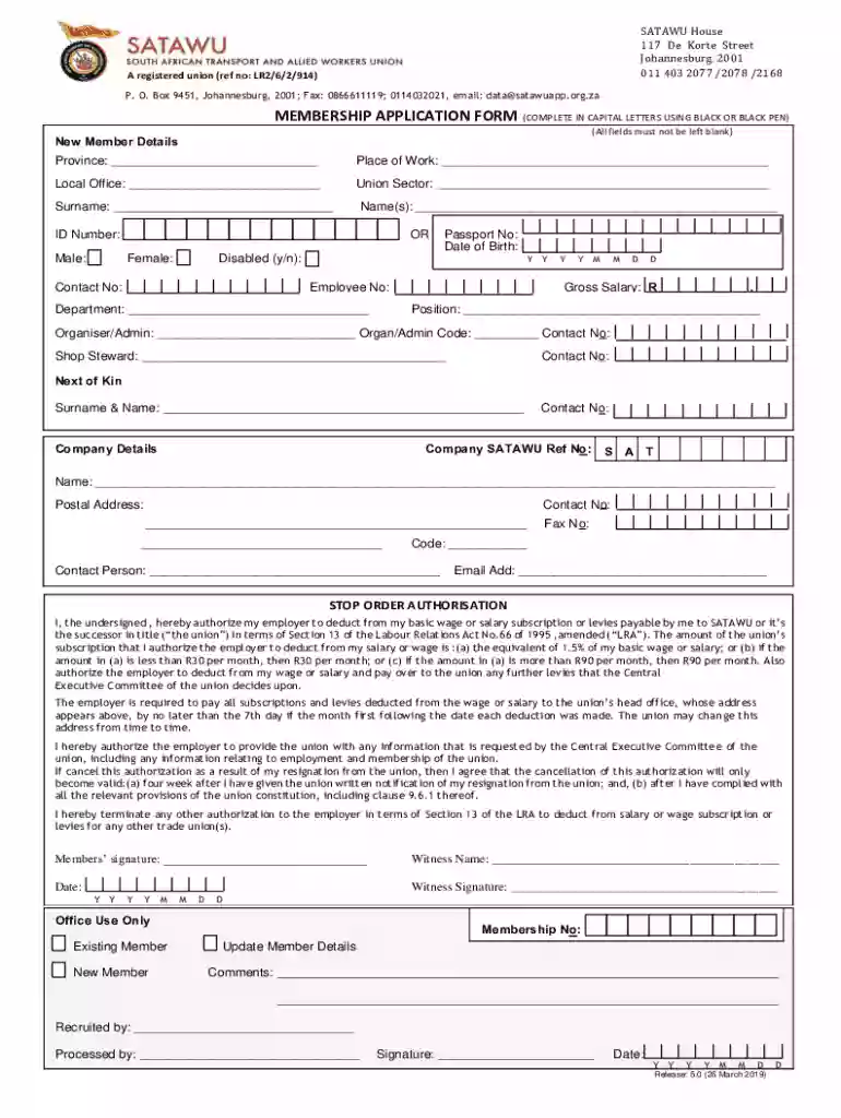 satawu membership form Preview on Page 1
