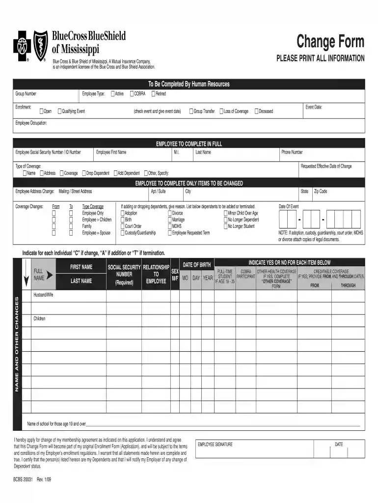 BCBS 20031 Change form Preview on Page 1