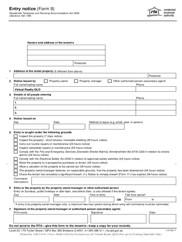 Entry notice (Form R9)Residential Tenancies Authority Preview on Page 1