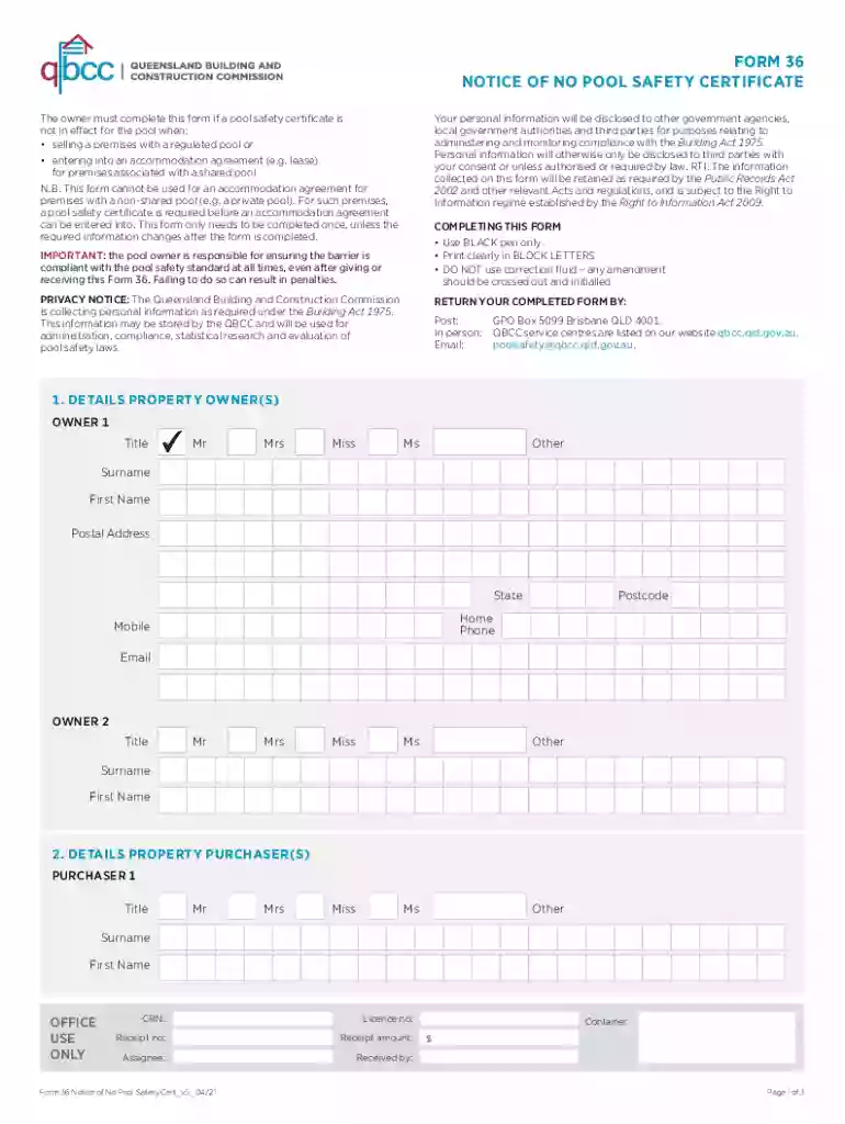 form 36 no pool safety certificate Preview on Page 1