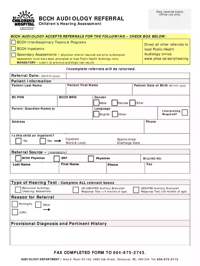 BCCH Audiology Referral Form Preview on Page 1