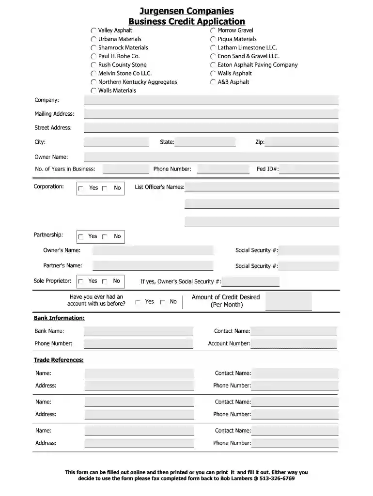 Jurgensen Companies Business Credit Application Preview on Page 1