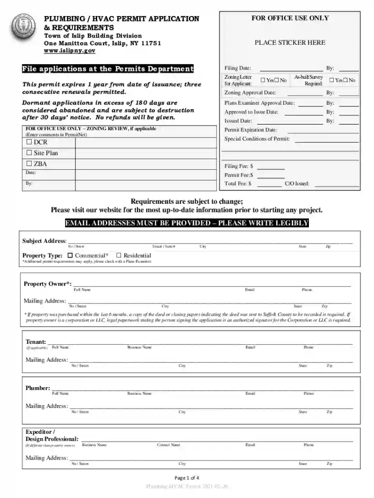 PLUMBING HVAC PERMIT APPLICATION FOR OFFICE - Islip, New York Preview on Page 1