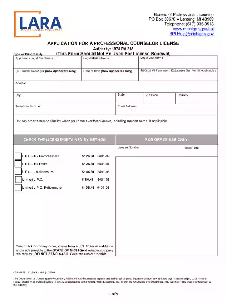 Fillable Bureau of Professional Licensing PO Box 30670 Preview on Page 1