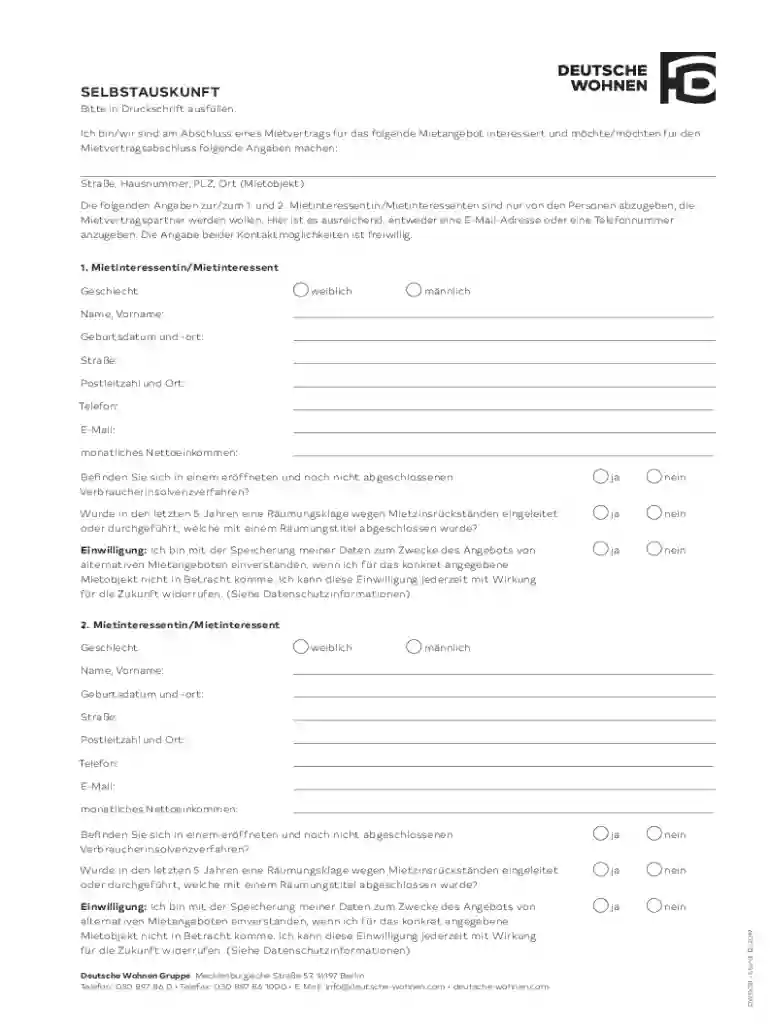 SELBSTAUSKUNFT FORMULAR Preview on Page 1