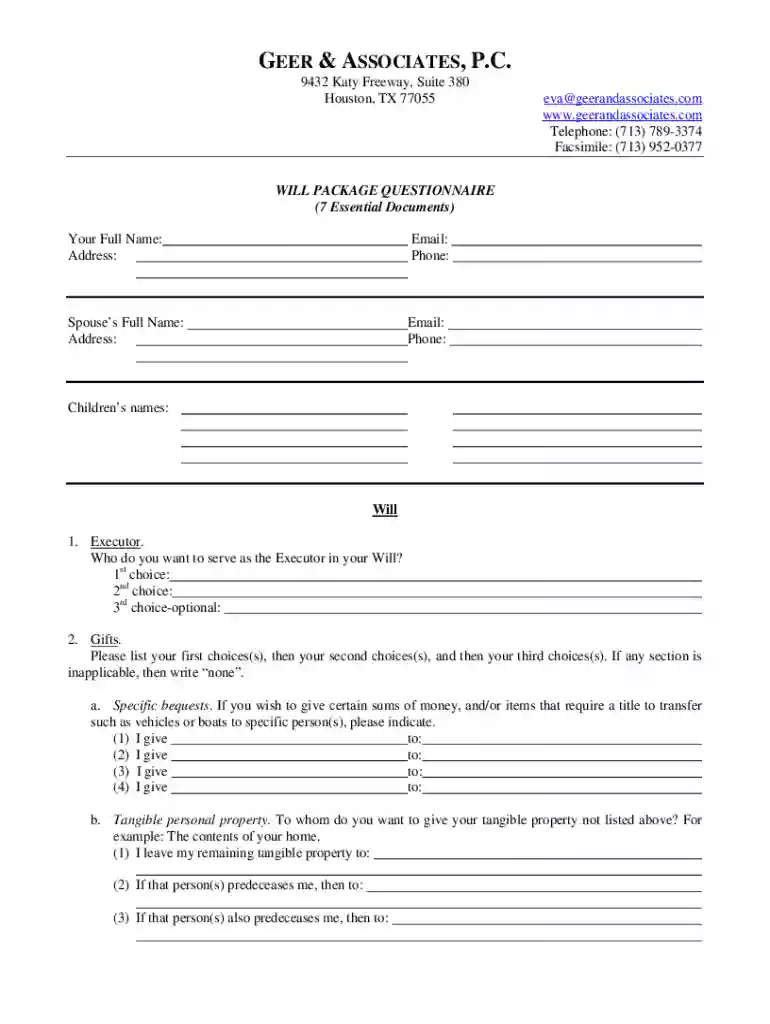 WILL PACKAGE QUESTIONNAIRE (7 Essential Documents) Preview on Page 1