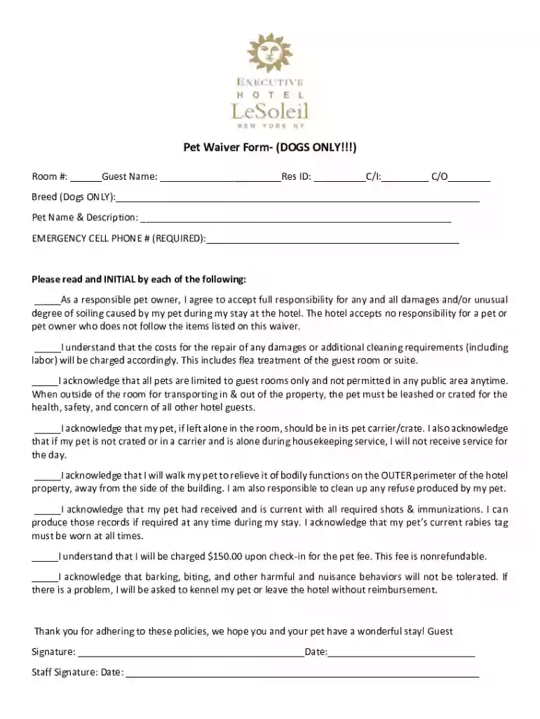Pet Waiver Form- (DOGS ONLY!!!) - hotellesoleil Preview on Page 1