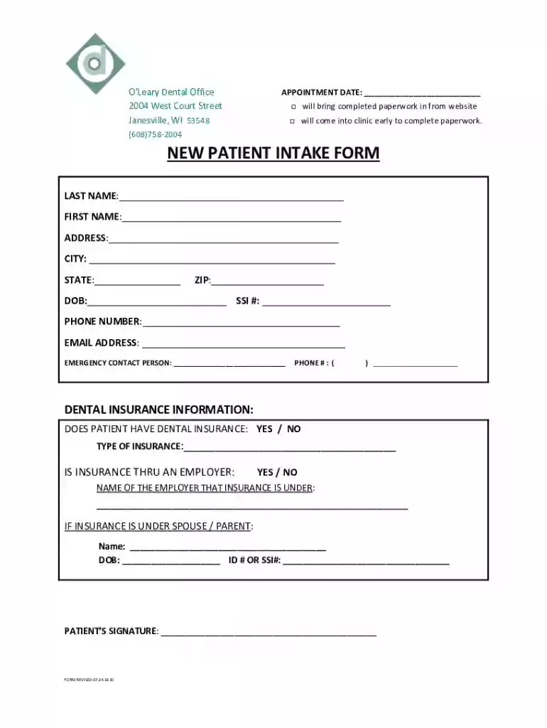 NEW PATIENT INTAKE FORM - Oleary Dental Preview on Page 1